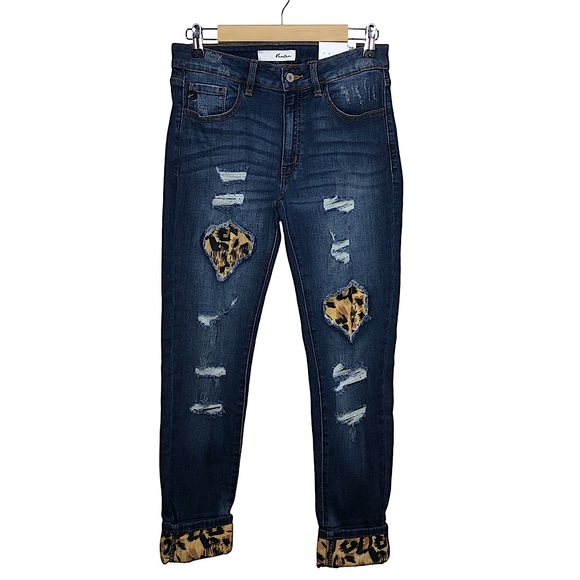 KanCan Stretchy Mid Rise Distress Ripped Leopard Patch Ankle Skinny Blue Jean 28 - Picture 2 of 15